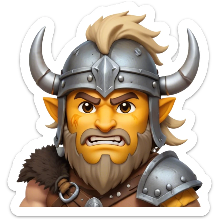 Clash of Clans aesthetic: Cinematic Fierce Barbarian Portrait Emoji, Poised and bold with a rugged yet cartoonish build in tattered furs and a horned helmet, expressive bright eyes and a confident smirk, Simplified yet dynamic features, highly detailed, glowing with a vivid, adventurous aura, high shine, heroic and spirited, stylized with an air of medieval warrior charm, focused and energetic, soft glowing outline, capturing the essence of a fearless barbarian adventurer ready to lead his clan with spirited valor! sticker