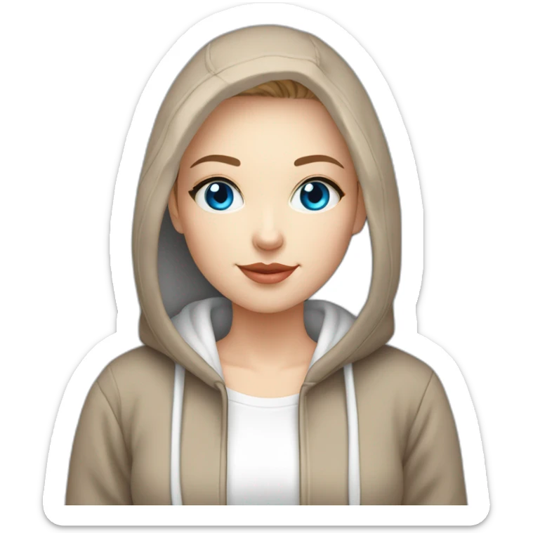 beautiful girl with computer,blue eyes,beautiful girl with short hair with computer,blue eyes,white skin, makeup, hoodie,short light-brown hair,p sticker