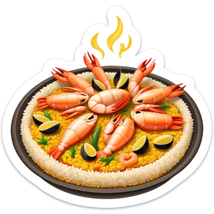 Cinematic Realistic Paella Dish Emoji, depicted as a vibrant, aromatic rice dish loaded with seafood, chicken, and saffron rendered with rich textures and dynamic, warm lighting. sticker