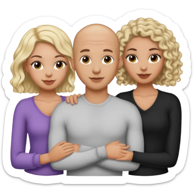 throuple tatted bald boyfriend with two girlfriends, one long blonde hair, other short curly brunette  sticker