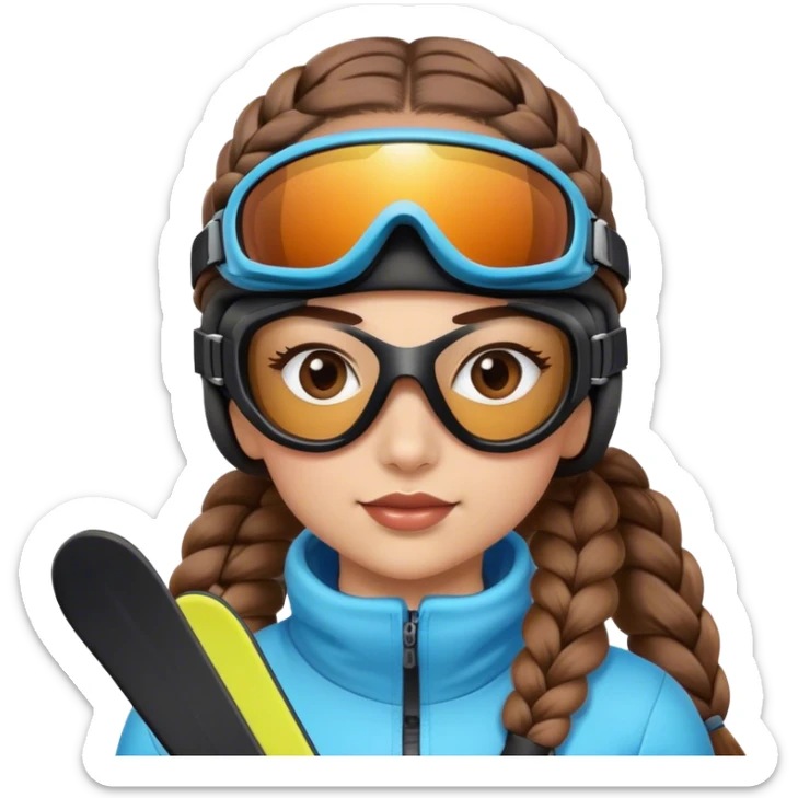Girl with 2 braids, brown hair, skiing, wearing ski goggles, light tan skin sticker