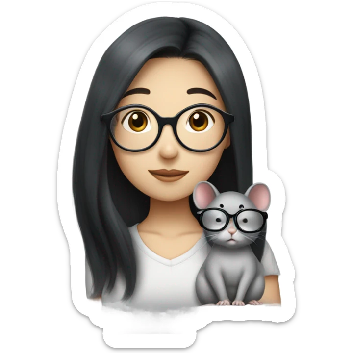 A korean girl with long black hair and circle frame glasseswhispering to a grey rat sticker