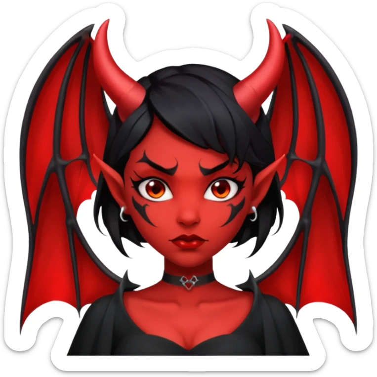 Demon girl, entire skin solid red, black hair, horns, bat wing, black dress, tattoo-flash comic. sticker