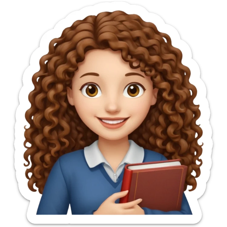 Long Hair Women with Book, Brown curly hair, happy

 sticker
