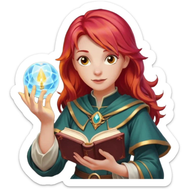 female dnd cleric with red hair holding a magic book in one hand and having a ball of light in the other sticker