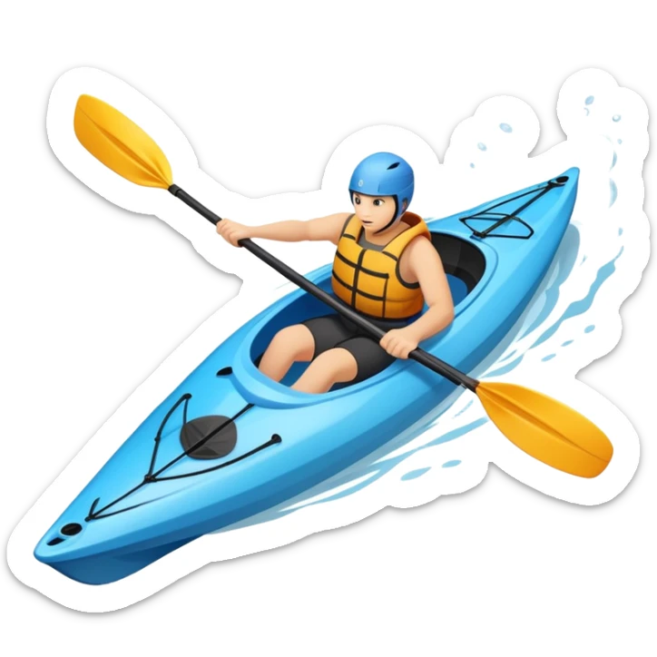 An icon showing a close-up of a sleek kayak with double-bladed paddles gliding through water. Splashes surround the boat as it cuts across a calm surface, symbolizing speed and focus. Transparent background emphasizes the dynamic and personal nature of kayak paddling. sticker