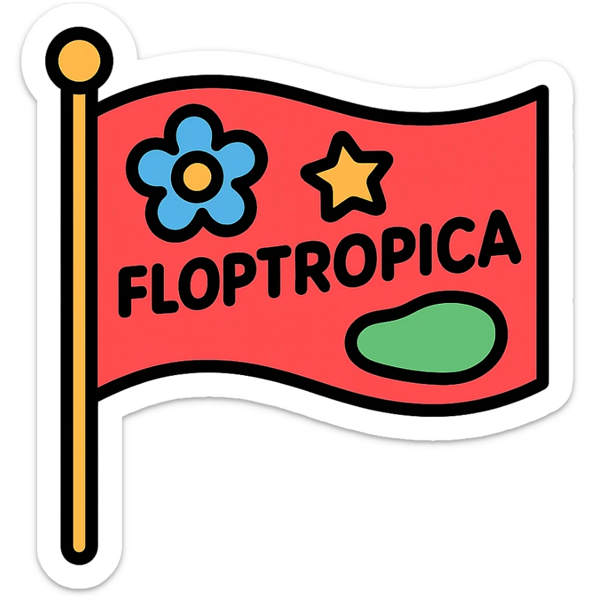 flag on a stick with a whimsical, fictional 'Floptropica' design, colorful and playful sticker