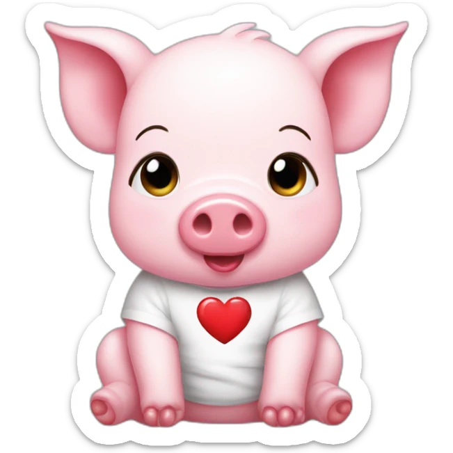 A pink baby pig with a white t-shirt on which there is a red heart, sticker