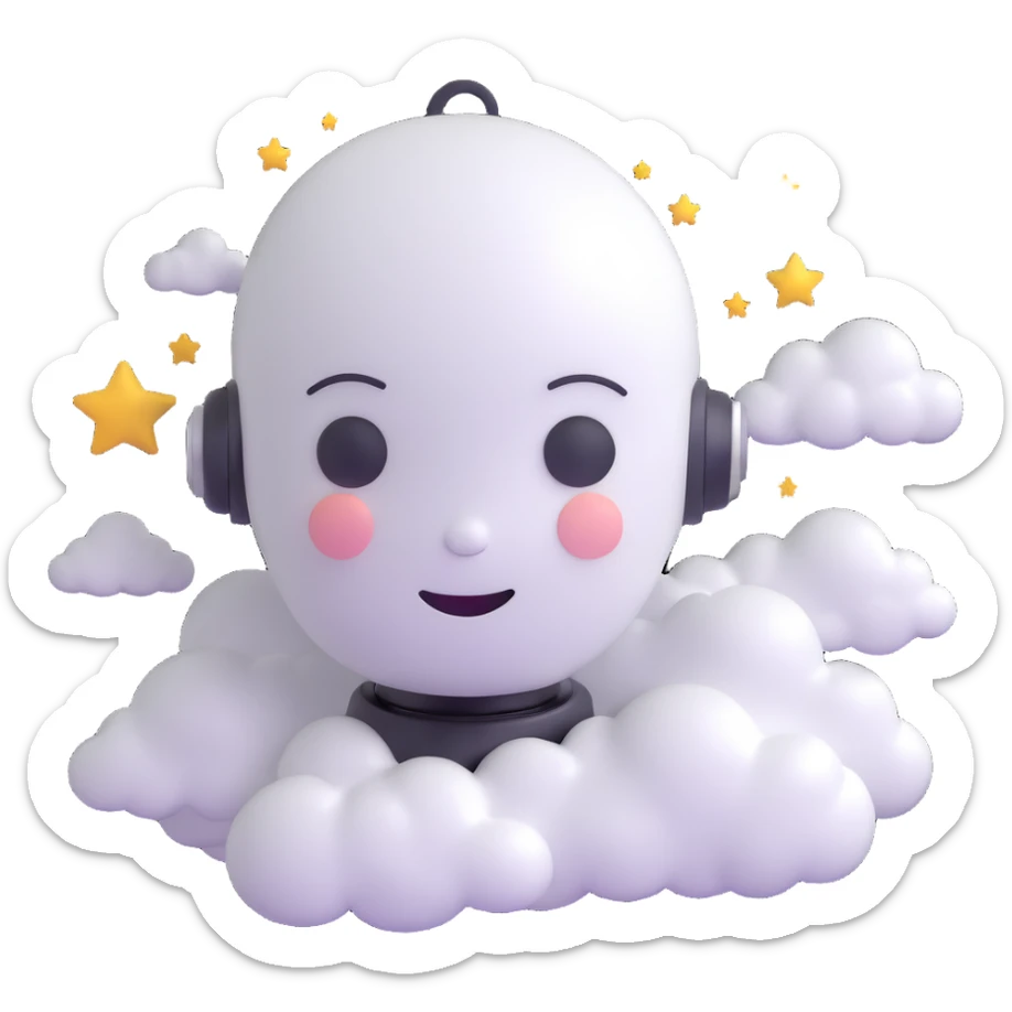 minimalist 3D cartoon-style icon of a peaceful robot head with eyes closed, gentle smile, clouds and stars around the head, simple clean lines sticker