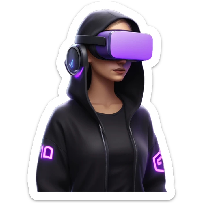 Russian girl wearing black hoody with violet letters "OMG", in vr headset oculus quest2. Standing like jedi. Cyberpunk style. Violet neon. sticker