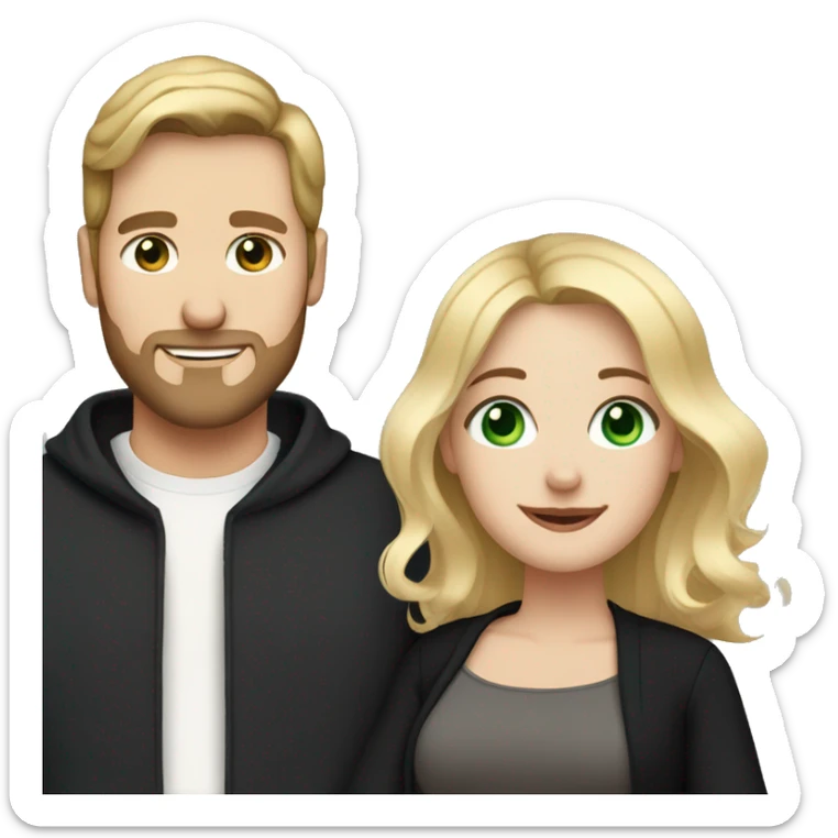Pregnant blonde with a wavy bob and green eyes with brown haired husband with blue eyes and a light beard both wearing black clothes sticker