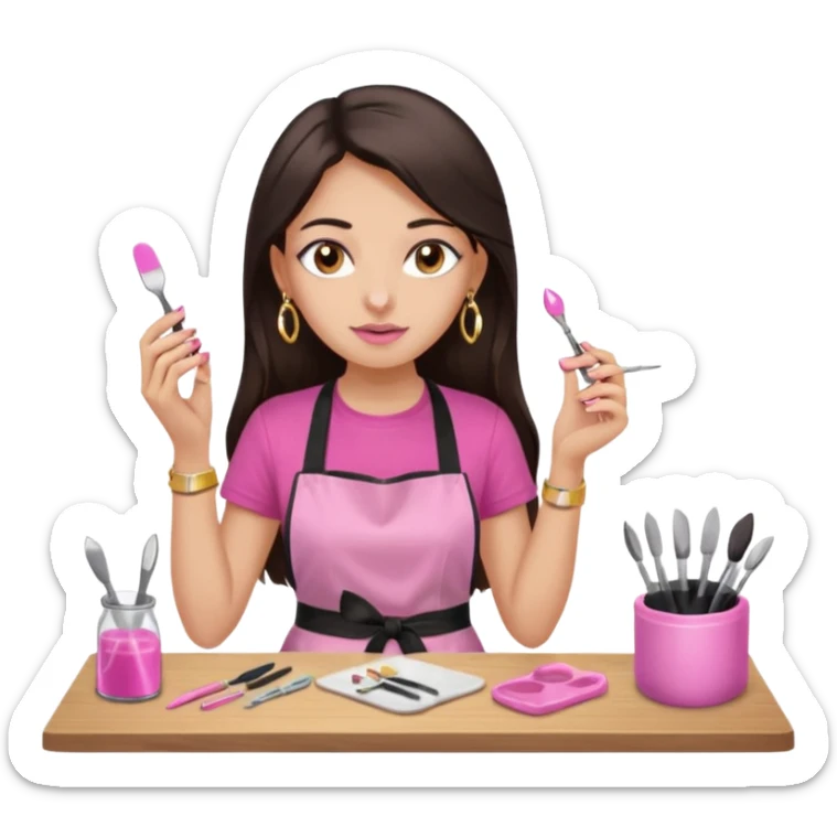 Fille cheveux long châtain foncé, peau beige type européen yeux marron, teeshirt rose avec un tablier noir, piercing au nez anneau doré, boucle d’oreille type diamant doré. Elle fait les ongles nail artiste sticker