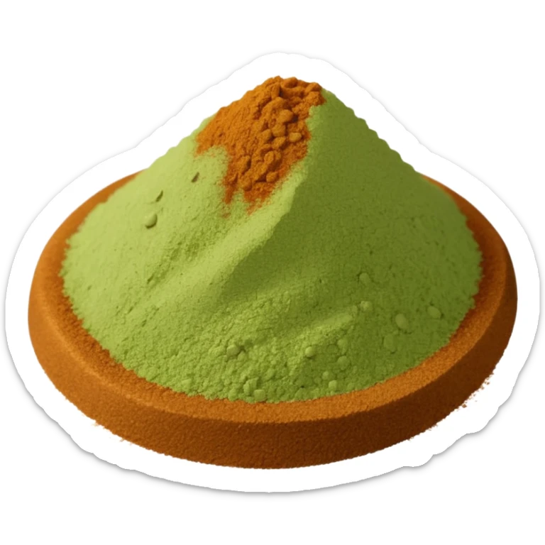 small mound or soft scatter of fine, light brown to beige-green powder with smooth matte texture and delicate speckling, slightly uneven surface, freshly ground spice, apple emoji style, soft lighting, subtle shadows, transparent background, emoji scale sticker