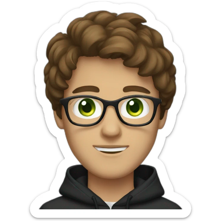 brown hair, glasses, green eyes, macbook, men, black hoodie, sticker