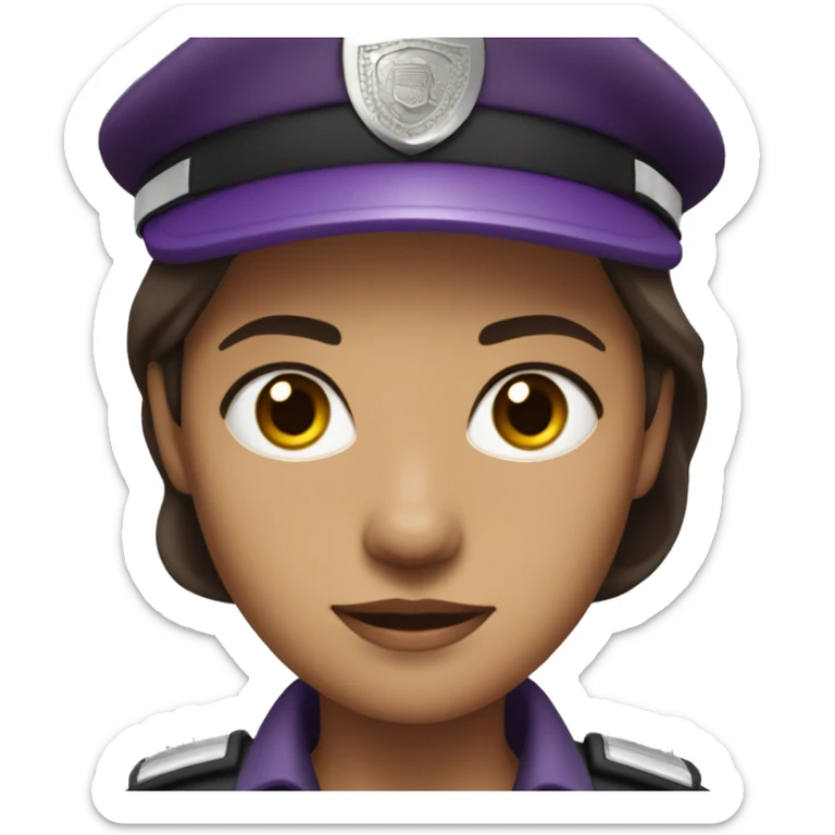 Security guard, woman, dark hair, light brown skin, purple hair, no hat sticker