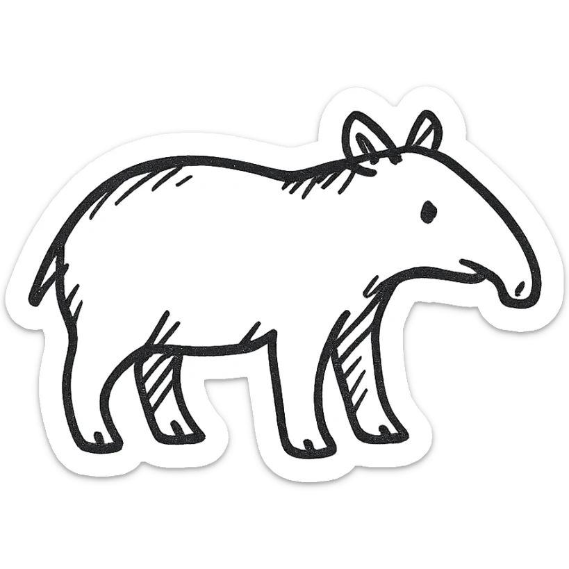 a tapir illustrated in a hand-drawn black outline doodle style, playful and sketchy sticker