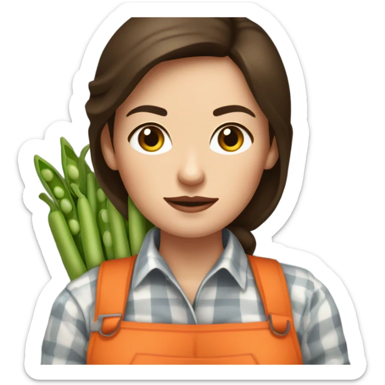farmer brunette white woman with bunch of peas and carrots in her hands from the garden with gloves on, frowning sticker
