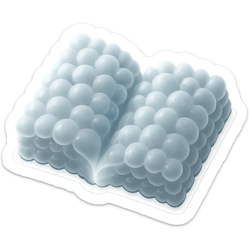 top view of a thick open book made entirely of small, very bright white fluffy convex clouds, matte glass style sticker