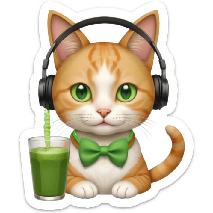 A cat wearing headphones with a glass of matcha, a bow on his ear sticker