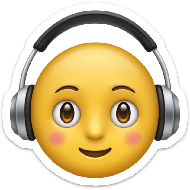 Ein gelber runder Emoji der die Augen geschlossen hat. Total im moment. Glücklich, leichtes lächeln. Verträumt. Leichtigkeit. Freiheit. Overearkopfkörer auf und im hintergrund kleine musiknoten sticker