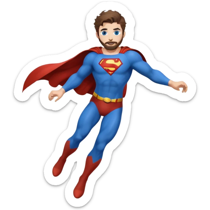 flying superman，full body, blue eyes, redish brownish messy hair, trimmed facial hair sticker