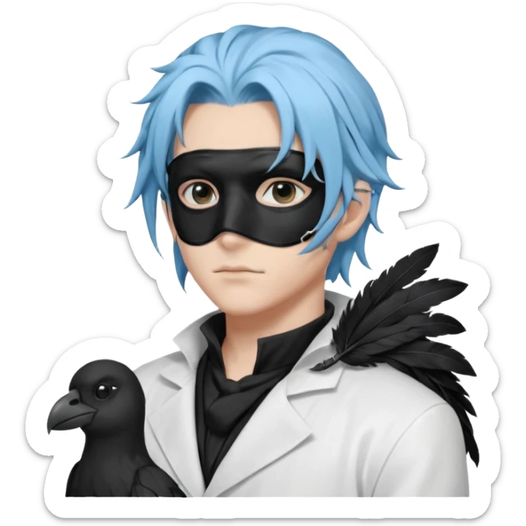 Handsome sexy adult anime man with light-blue hair and a black bird beak mask that covers whole face, black face mask, black mouth mask, black feathers draped over shoulder, wearing a white lab coat, long thin hair tendrils on the sides sticker