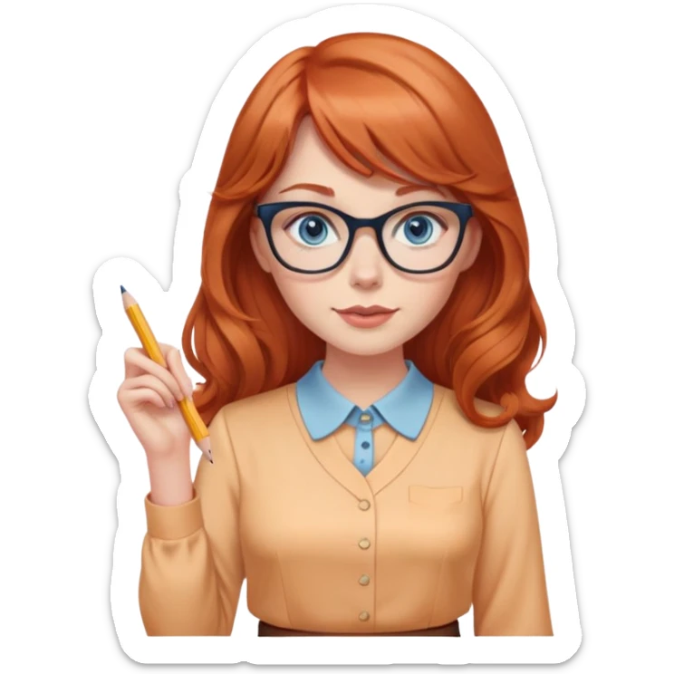 redheaded woman with long wavy hair and bangs, blue eyes, cat-eye glasses, wearing a pencil skirt and apricot blouse, holding a pencil sticker