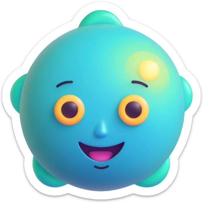 Uranus planet emoji with a quirky face, blue-green color, rings, radiating energy and unconventional thinking, representing a revolutionary personality sticker