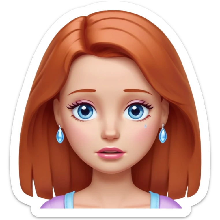 Barbie girl Chestnut-red Shoulder-length hair and blue eyes is In pale purple crying with tears  sticker