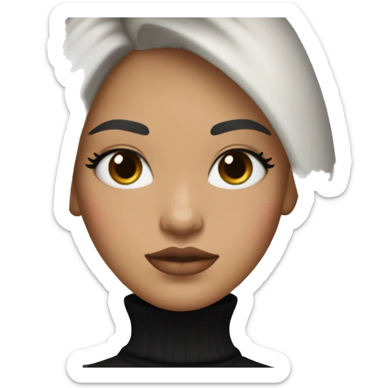 White tan women with strait black hair with long curtain bangs and long eyelashes brown eyes and pink cheeks with pink lips and black brown eyebrows wearing a black turtleneck sticker