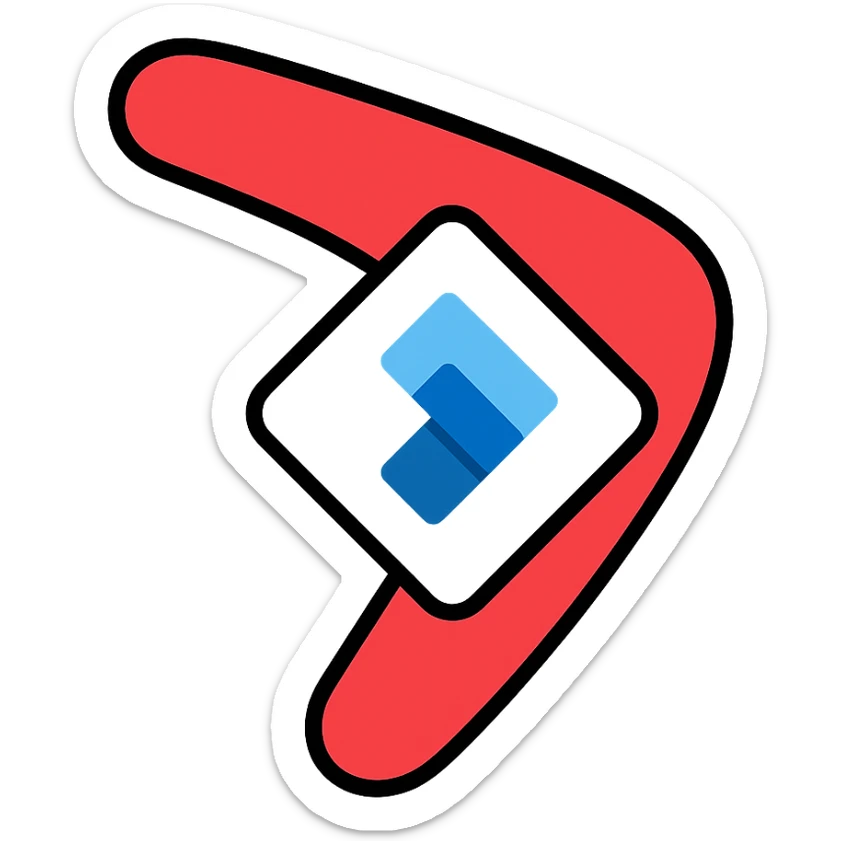boomerang icon with Power Pages logo in the center, playful, red and white, outlined color style sticker