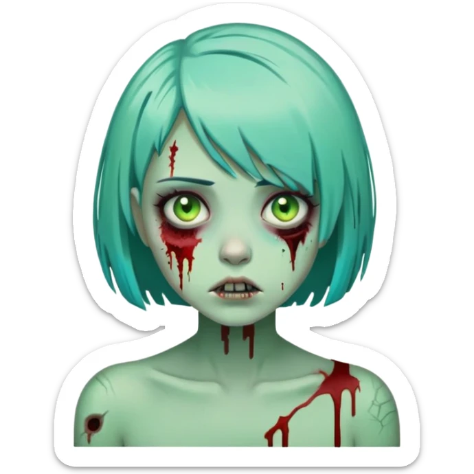 cartoon zombie girl with short turquoise hair bob cut, green decaying skin, bloody scars sticker