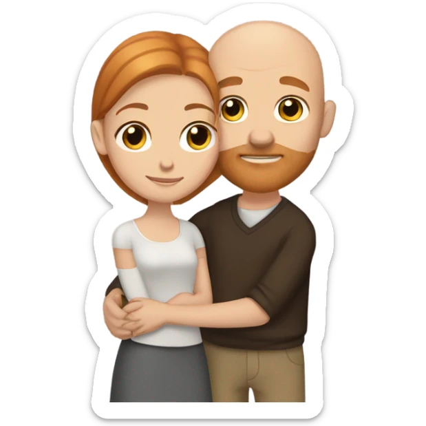 Bald white guy with ginger bread and dark brown eyes and girl with long dark brown hair and dark brown eyes hugging tightly  sticker