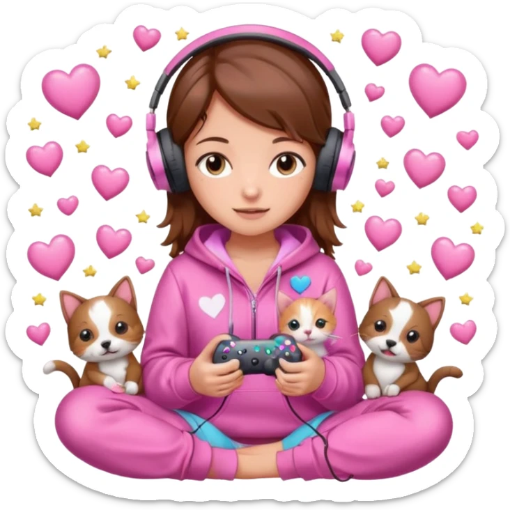 A brown-haired cartoon girl in a pink sparkly hoodie with headphones on, holding a game controller, surrounded by hearts, stars, and a puppy and kitten cuddling at her feet. sticker