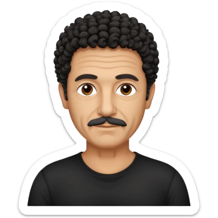 60 year old Greek man with short black curly hair that sticks up and has a black shirt sticker