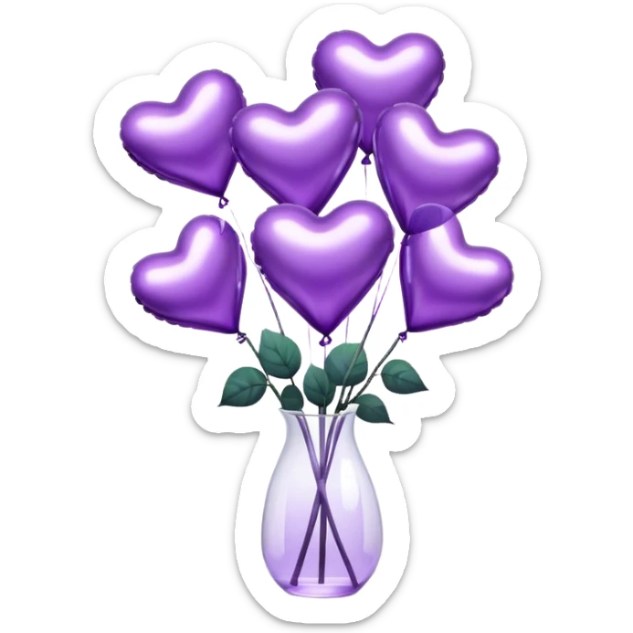 "A cluster of metallic heart-shaped balloons in varying shades of purple, floating beside a sleek glass vase filled with matching roses."
 sticker