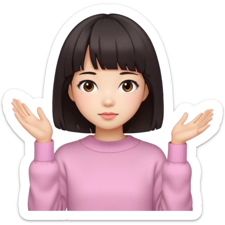 a asian japanese girl with a dark brown bob with curtain bangs, wearing a pastel pink wintery sweater sticker