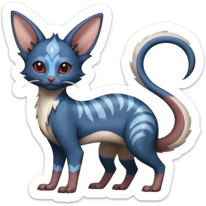 Dark Brown-Oily deep-blue-glittery Minccino-Lykoi-Emolga-Sphynx-Linoone-Zangoose-fusion-hybrid-animal-Fakémon-creature, full body, thin long sleek scaly tail, intricate markings sticker