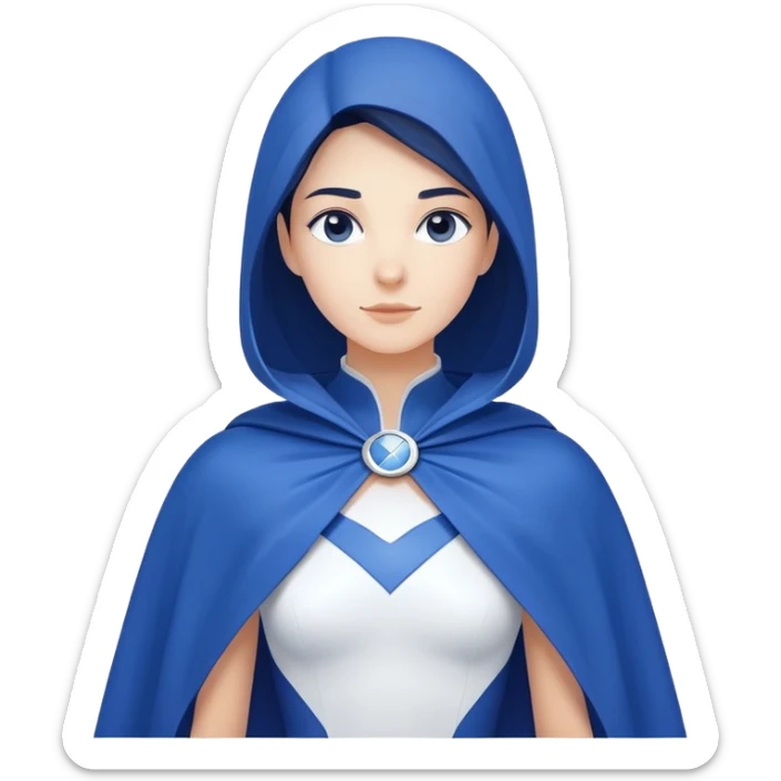 Close-up of a woman in a modern, minimalist blue and white costume with a cape. Only blue and white colors used, clean and sleek design sticker