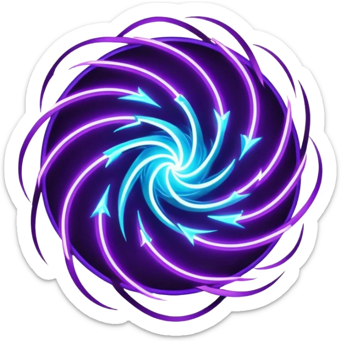 futuristic minimalistic logo icon, abstract glowing storm swirl made of neon purple (#8B5CF6) and cyan (#00E0FF) lines, representing Storm team energy and speed, digital lightning core, dark background, no face, tech-style emblem, 1:1 aspect ratio sticker