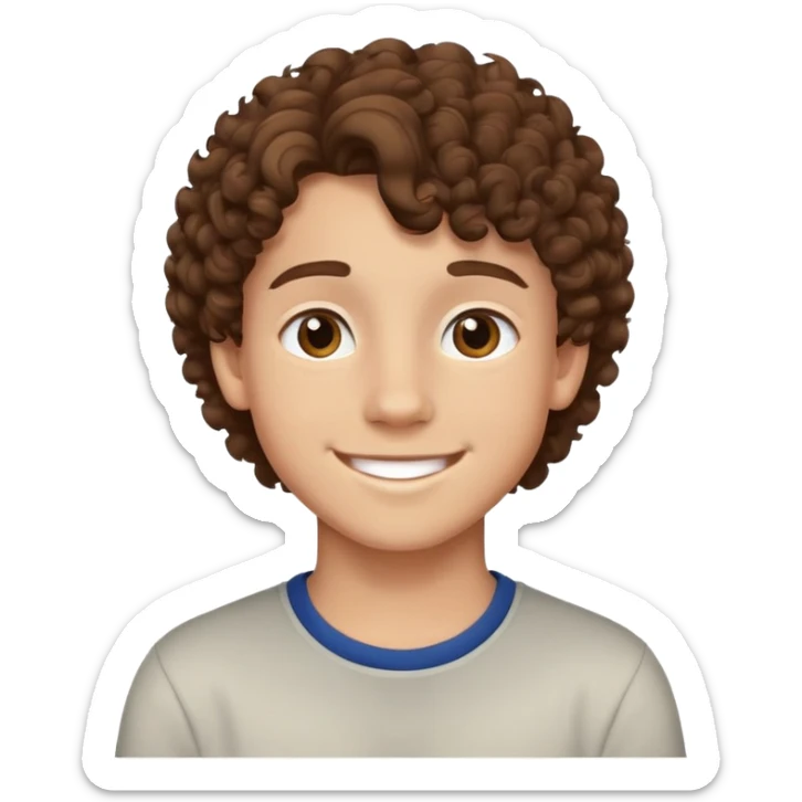 Teen boy with curly brown hair, smiling face, young male sticker