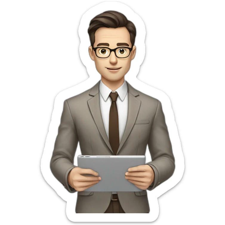 Pale skinned fit man with dark brown hair in gray jacket, beige office shirt, brown tie, brown pants and vintage glasses Writing on the tablet sticker
