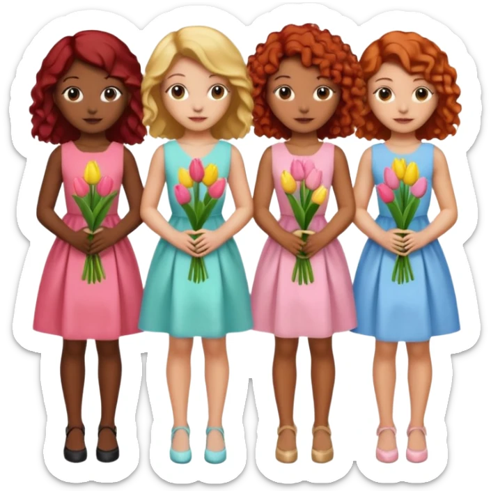 5 girls at a garden party wearing pastel dresses and holding tulips, one is black, one is blond, one has brown hair, one has red hair, one is mixed with curly hair sticker
