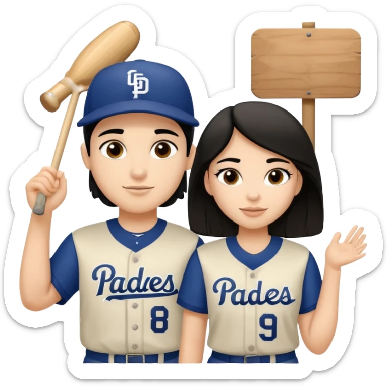 Couple in a game with dark hair but white skin. They are girlfriend and boyfriend. Not sibling. Girl has medium cheeks and dimples on the cheeks. The boy has black hair and prominent eyebrows with egipcian nose. Both are wearing “Los Padres” baseball jerseys and with a sign that says “Go Padres” sticker