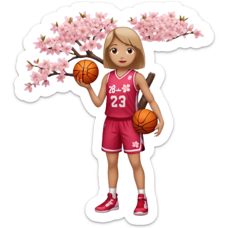 full body basketball girl, April theme cherry blossom energy, wearing a jersey with cherry blossom vibe, holding a basketball sticker