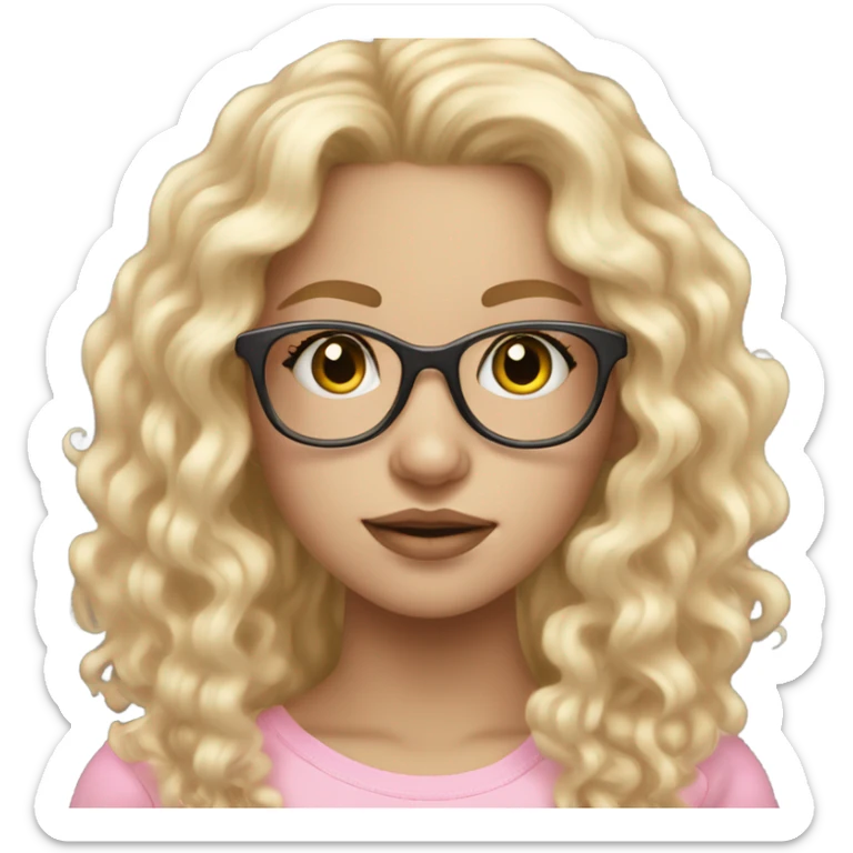 Blonde teen girl with long curly hair and clear glasses and pale skin and pink hued lips sticker