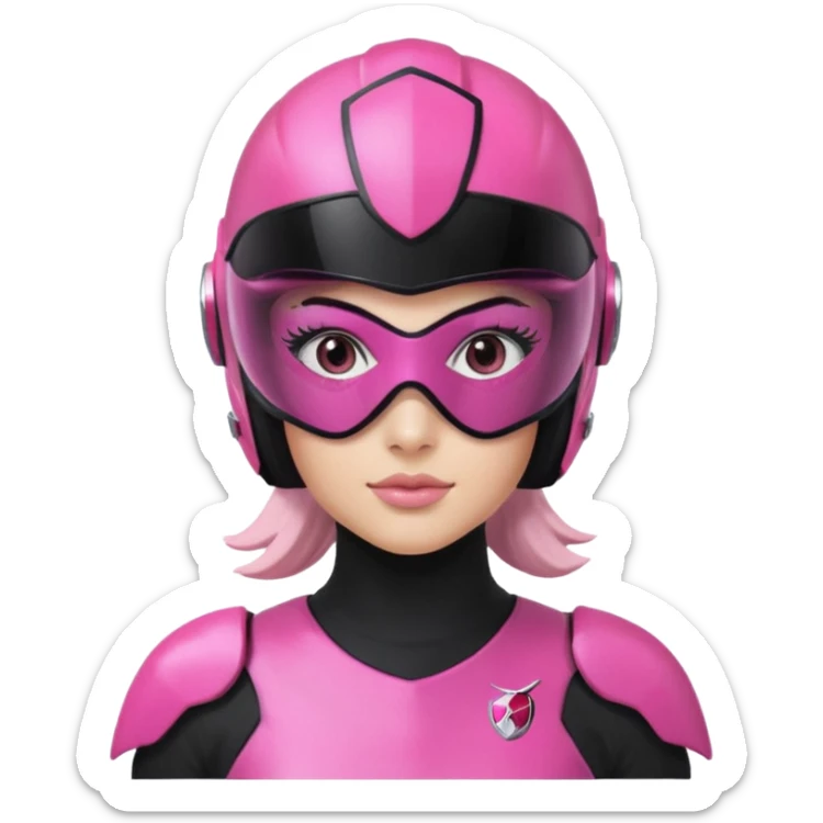 pink power ranger, woman emoji, with helmet on, black visor eye protection, black, power ranger helmet, black visor power ranger helmet pink sticker