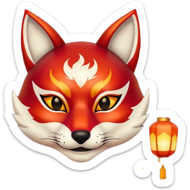 kitsune mask, worn by a festival performer at night, paper lanterns in background, colorful bokeh lights sticker