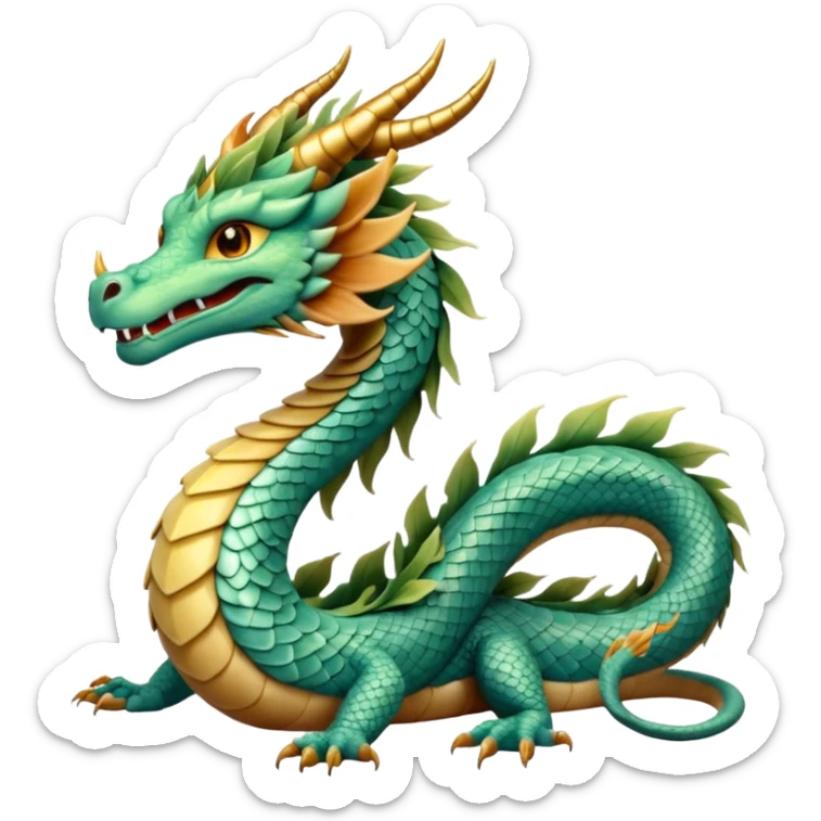  serpent dragon. Slim, serpentine body with smooth scales in soft blues and greens. Fluffy leaf plumes replace the tail fins, and a terracotta crown-like crest adorns its head. Gentle amber eyes. it should be similar to traditional chinese dragons. sticker