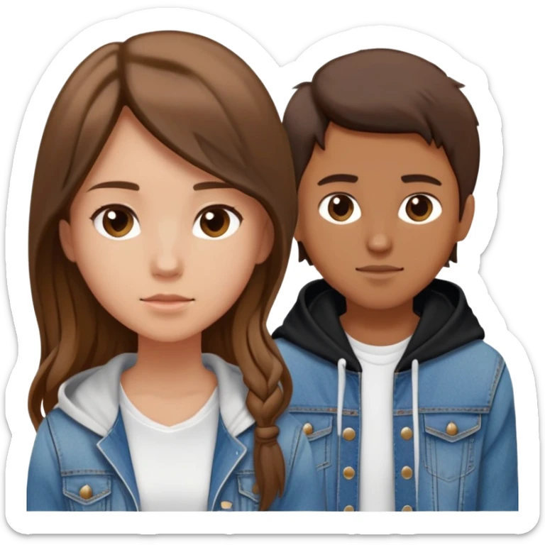 Three persons. one girl with not that long dark brown hair and with the blur jakcet. The other girl has light long brown hair and denim jacket and white dress and the guy with short brown hair and balck hoodie sticker